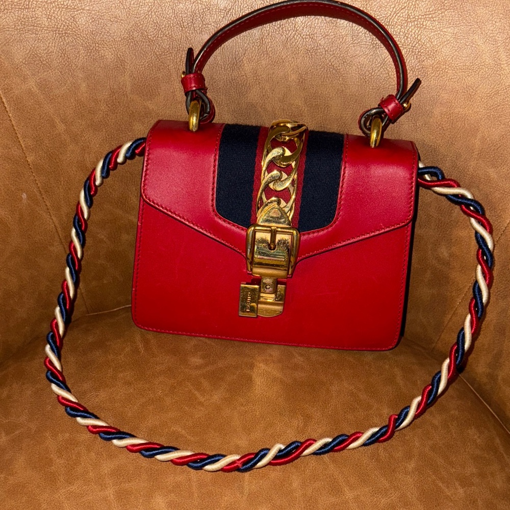 Gucci Sylvie Red Calfskin and Gold Mini Bag with Chain - Picture 16 of 16